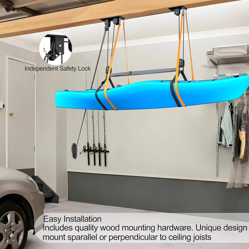 TRUSOON Kayak Hoist, Heavy Duty Kayak Pulley System for Garage Ceiling, Hold Up to 150 lbs Capacity, Canoe Garage Lift Storage System, Fit 10-18 Foot Ceilings, Black - Image 4